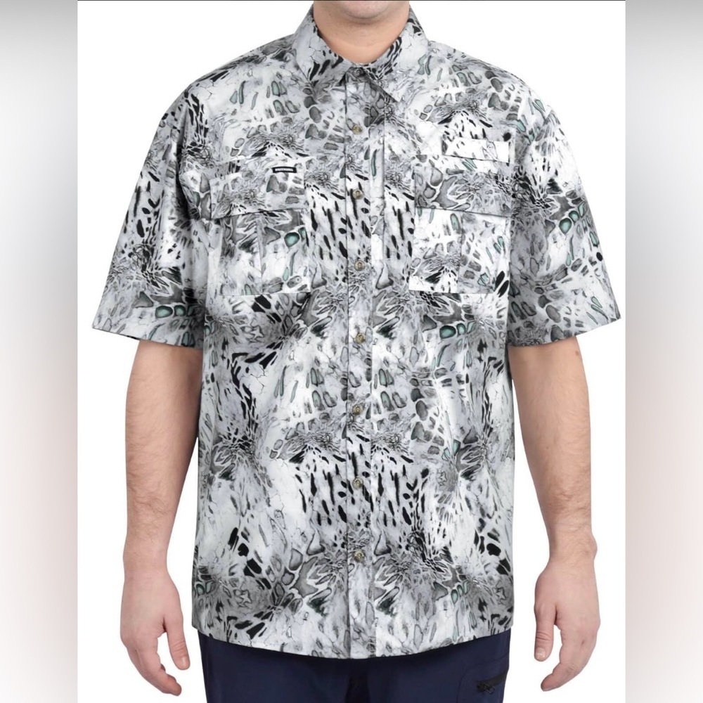 KastKing Men's Gray Patterned Fishing Shirt UPF Short Sleeve Shirt Medium